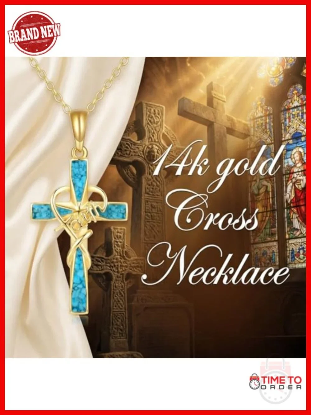14K Solid Gold Cross Pendant Necklace with Turquoise Faith Jewelry
